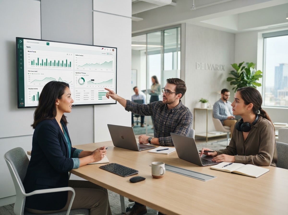 Delvarix, team di lavoro che analizza dati finanziari su schermo